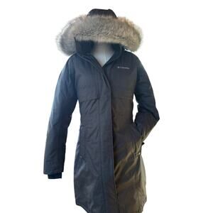 Columbia Women’s Long Down Coat Jacket Omni Heat Apres Arson Gray Medium Hooded